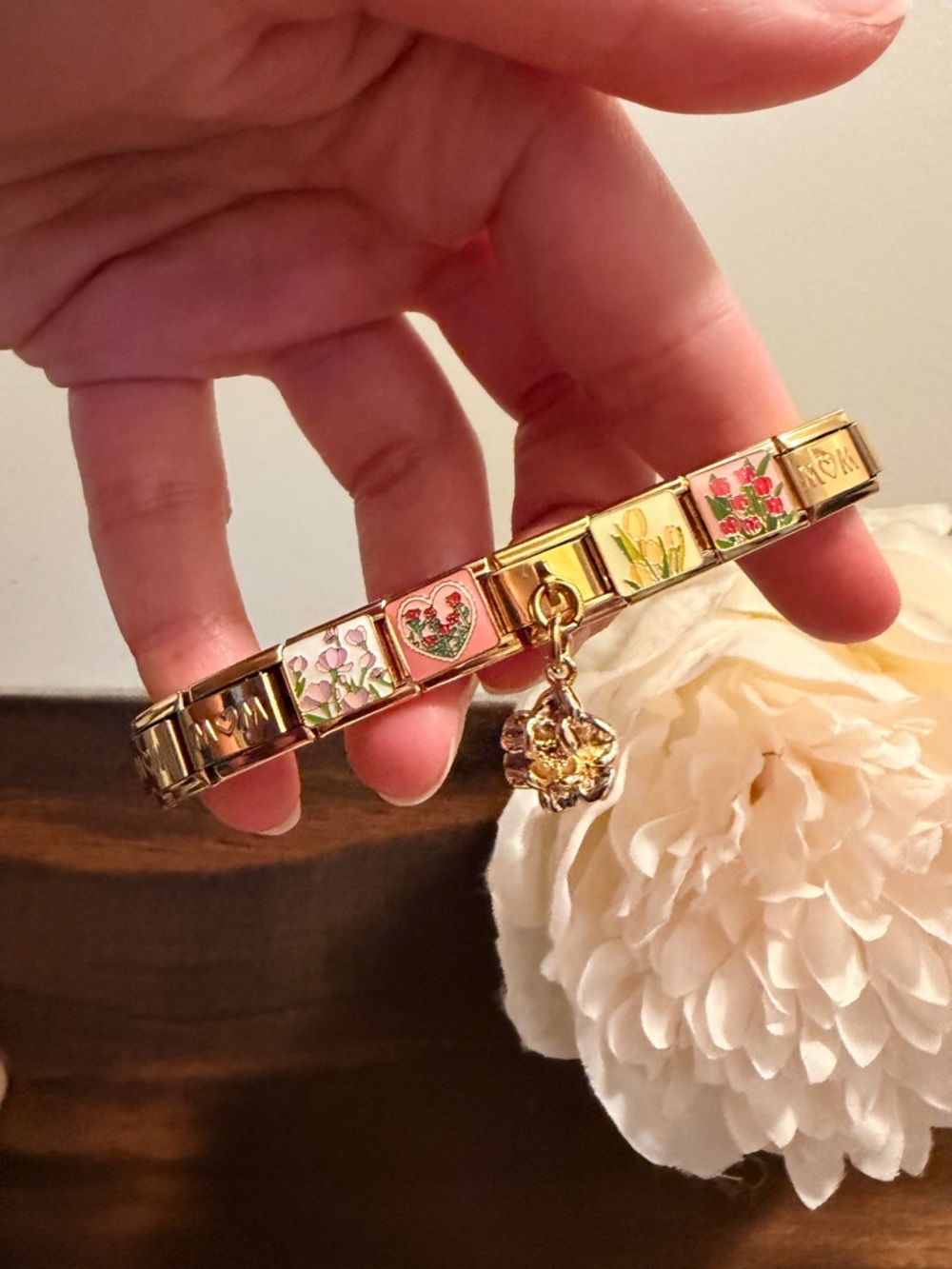 Gold Tone “Mom” Italian Charm Bracelet – Floral Design + Dangle Flower
